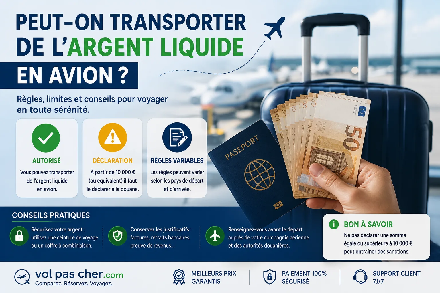 Peut-on transporter de l’argent liquide en avion ?