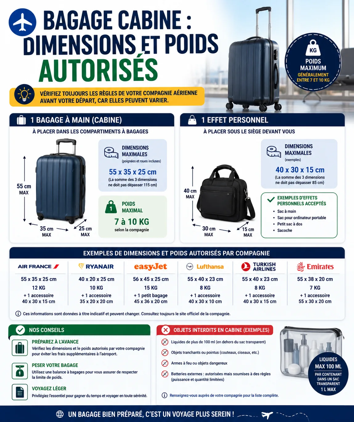 Bagage cabine : dimensions et poids autorisés
