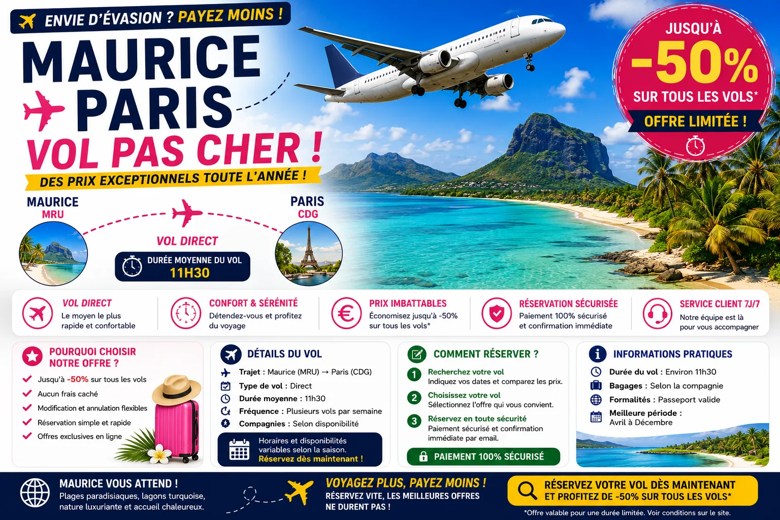 Maurice Paris vol : durée, prix, horaires et conseils de réservation