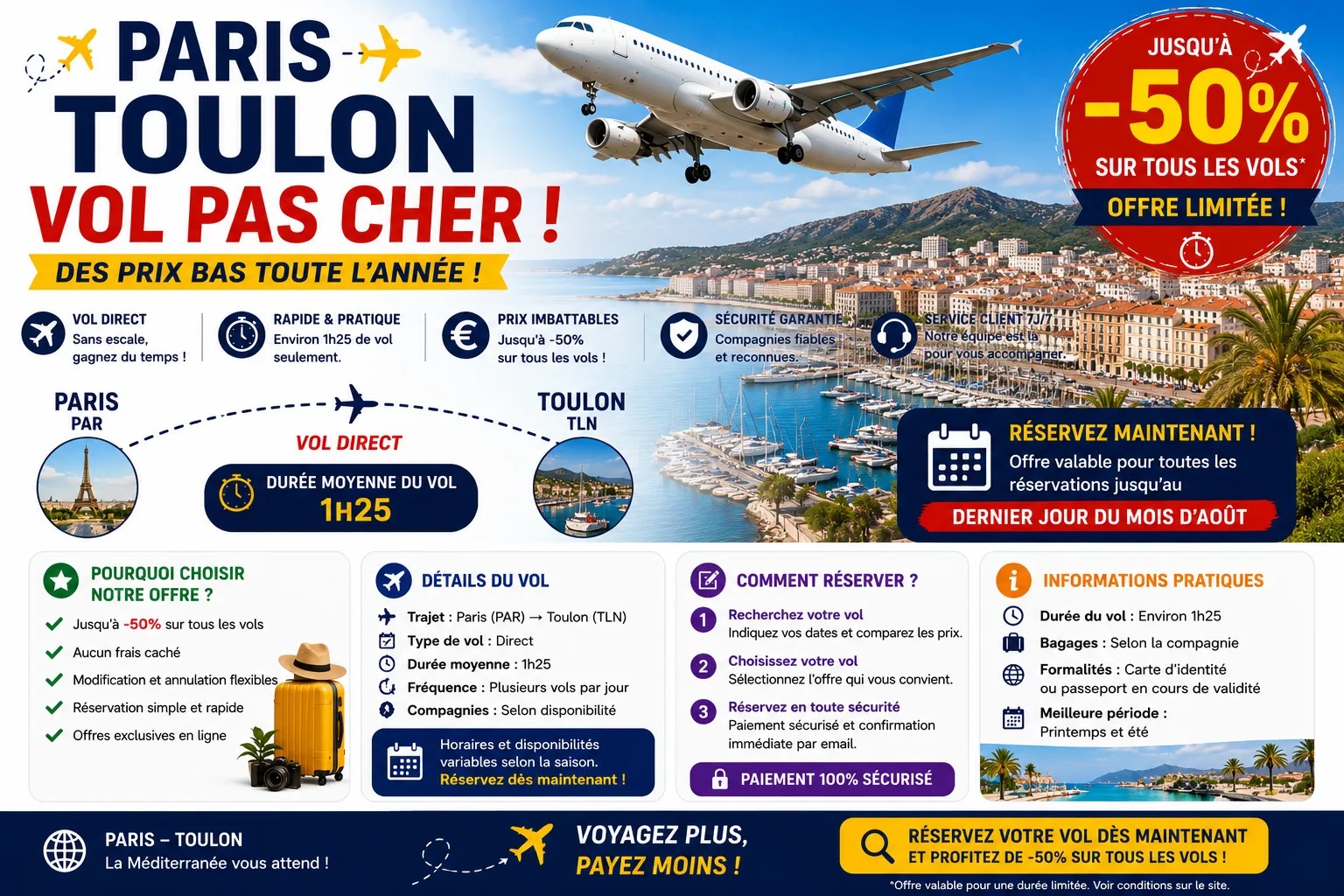 Paris Toulon vol pas cher : comparez les billets et les horaires