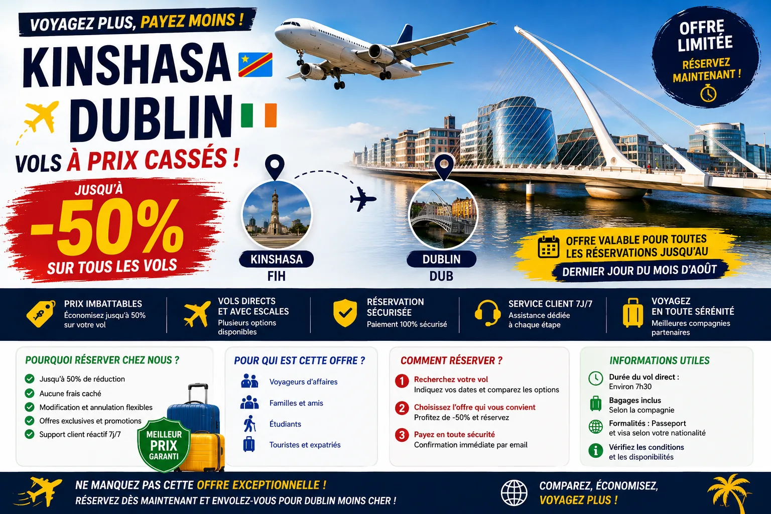 Vol Kinshasa Dublin : préparez votre voyage et comparez les itinéraires